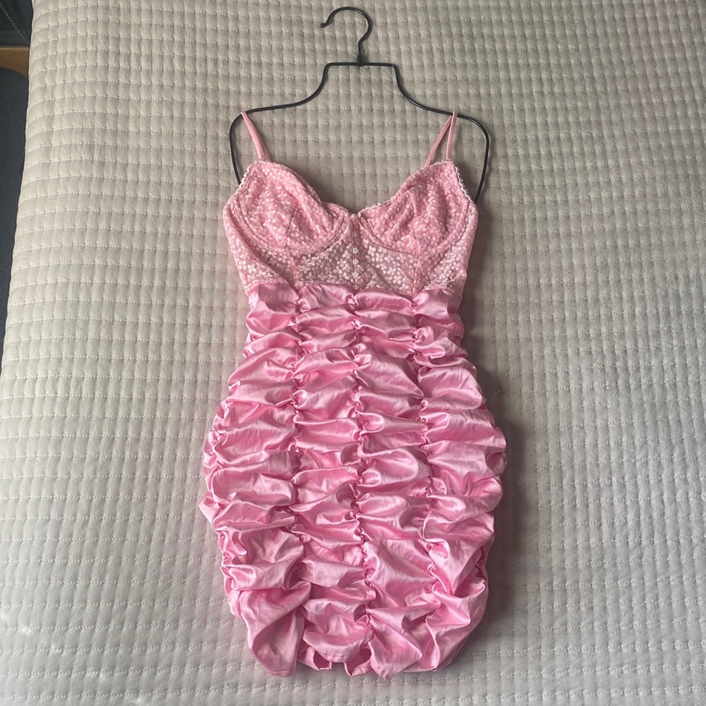 For Love And Lemons - Pink Satin Ruched Mini Dress w/ Floral Lace Details